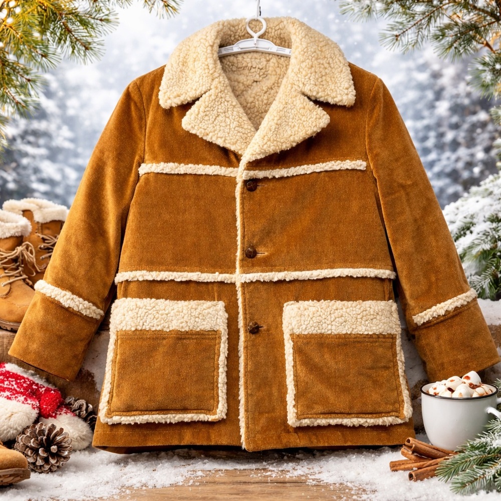 Vtg 70s Campus Rugged Country Sherpa Coat 44‎ Corduroy Western Marlboro Man